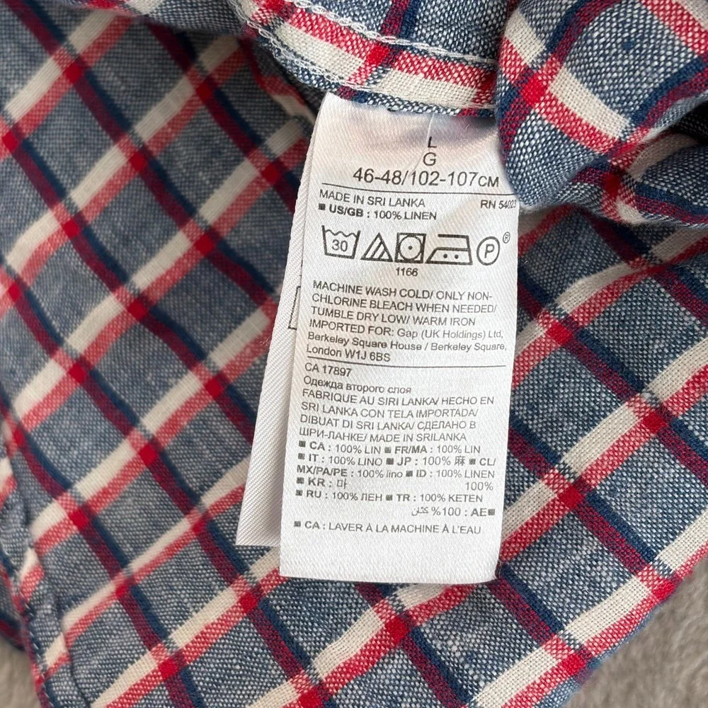 Banana Republic Camden Fit Shirt Men Large‎ Blue Red White Plaid 100% Linen NWOT